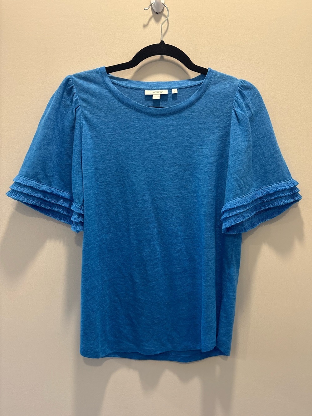 Chico’s Blue 100% Linen Fringe Sleeve Top Size 0(Chicos)